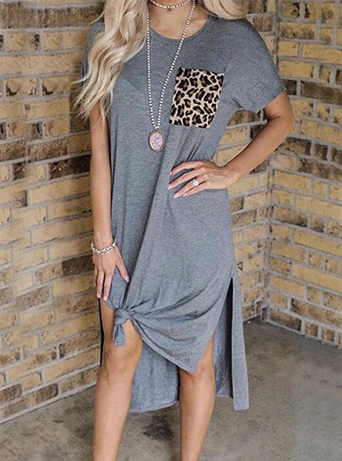 Women's Tee Shirt Midi-Length Dress - Leopard Print Pocket / Knotted Hemline